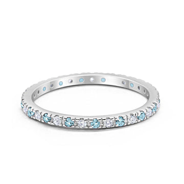 Full Eternity Wedding Design Ring Round Simulated Aquamarine CZ 925 Sterling Silver